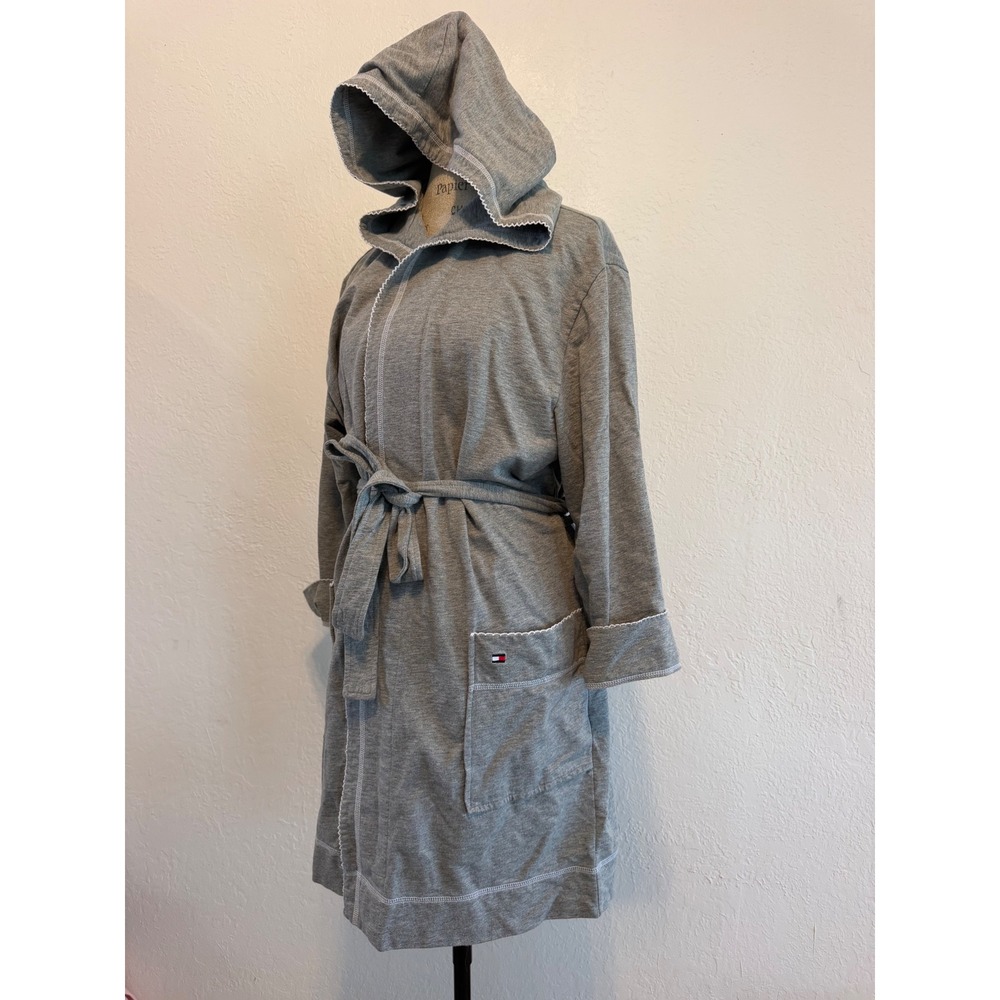 Tommy Hilfiger Womens Gray Cotton Jersey Hooded Robe L/XL Scallop Trim Sleepwear